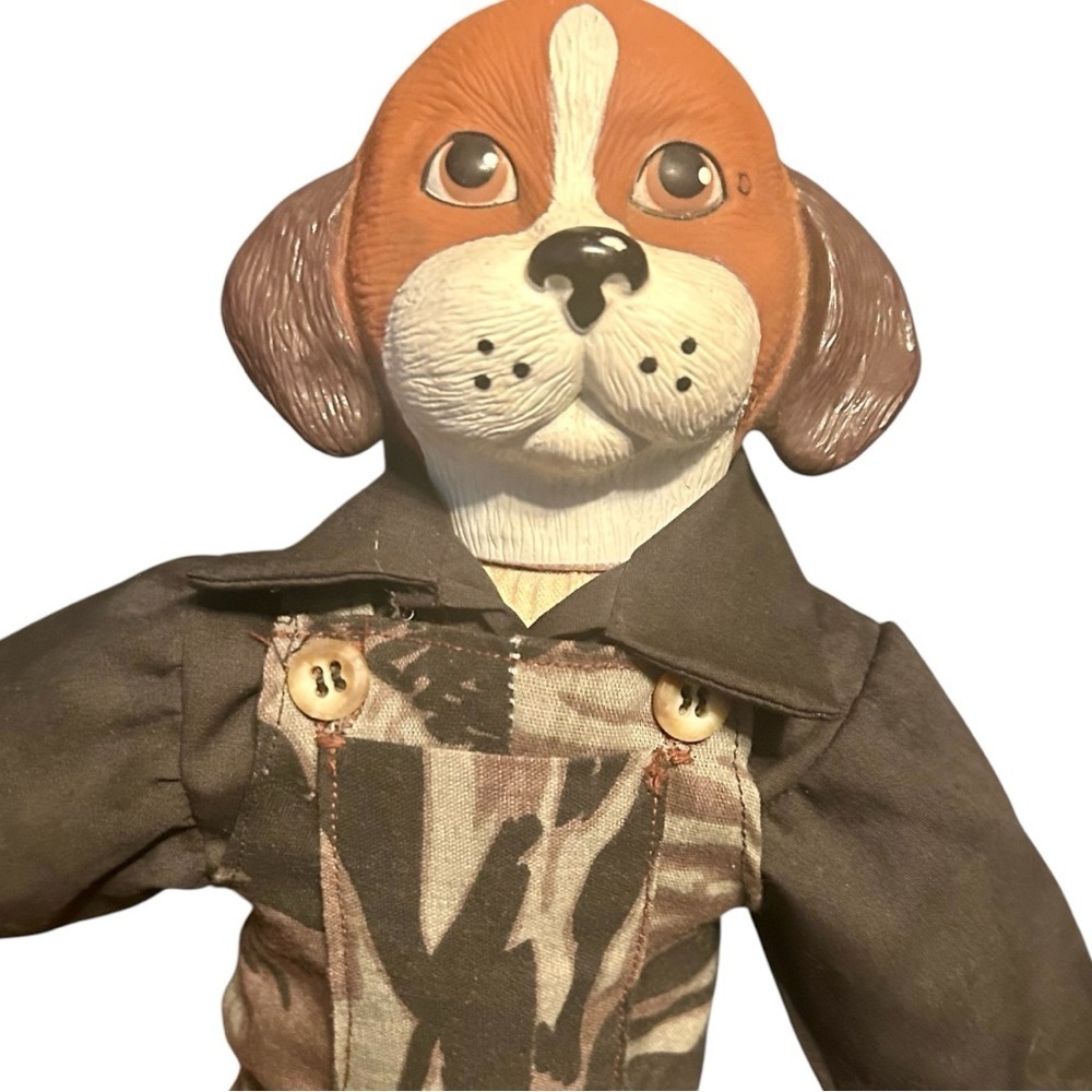 VTG Porcelain Dog Doll Camo Overalls Handcrafted Anthropomorphic Animal Figurine